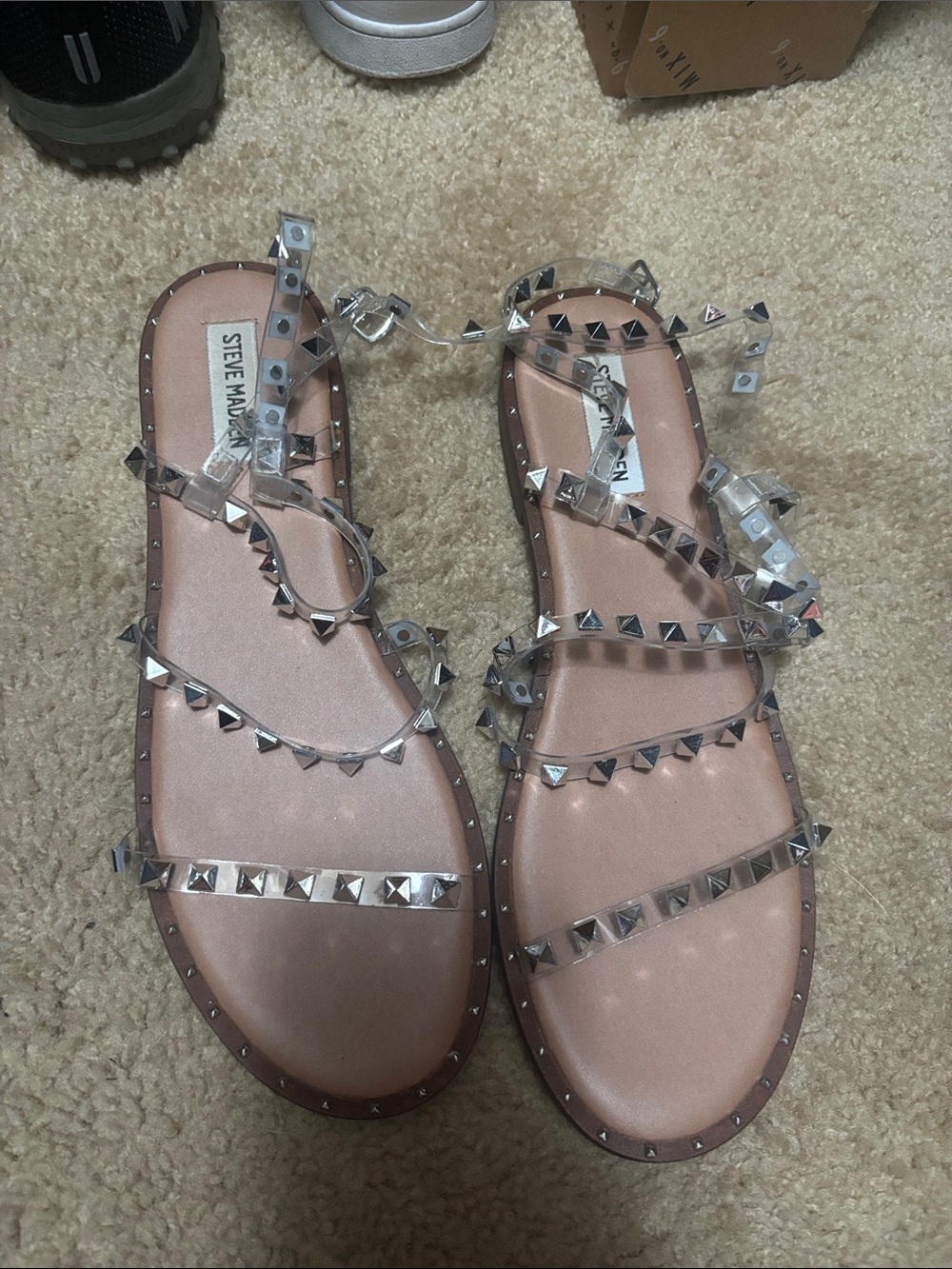 Steve Madden Rose Gold Studded Clear-Strap Flat Sandals